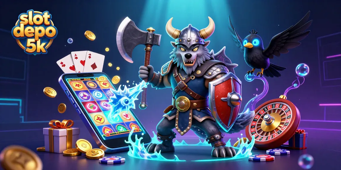 Spin and win with slot depo 5k, featuring a Viking warrior and magical creatures in a captivating casino scene.